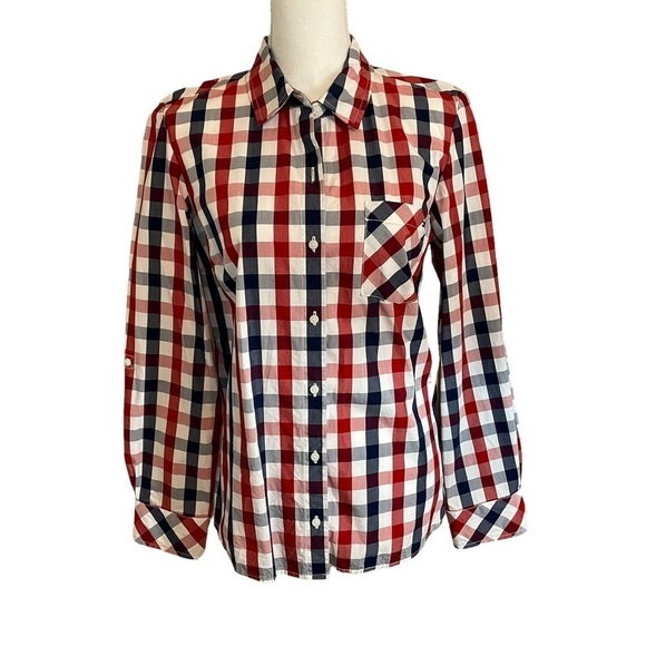 Tommy Hilfiger Red White Blue Roll Tab Check Poplin Button Down Shirt Top  Med. - Picture 2 of 16